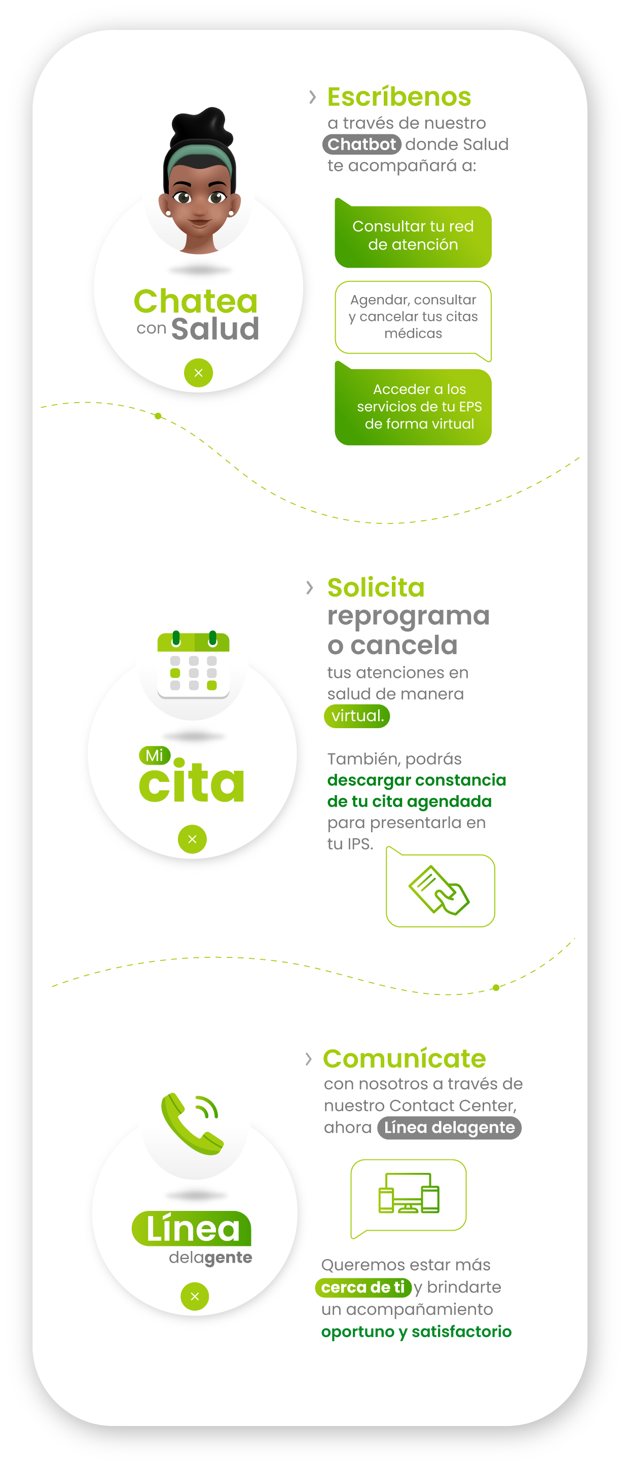 Chatea con Salud: chat de WhatsApp en el que podrás consultar tu red de atención; agendar, consultar y cancelar tus citas médicas y acceder a los servicios de tu EPS de forma virtual 

Mi Cita: aquí podrás agendar, consultar y cancelar tus citas médica de manera virtual, además, podrás descargar constancia de tu cita agendada para presentarla en tu IPS 

Línea delagente: servicio de llamada en línea. Podrás contactar a un asesor a través de la página, con solo dar un clic 