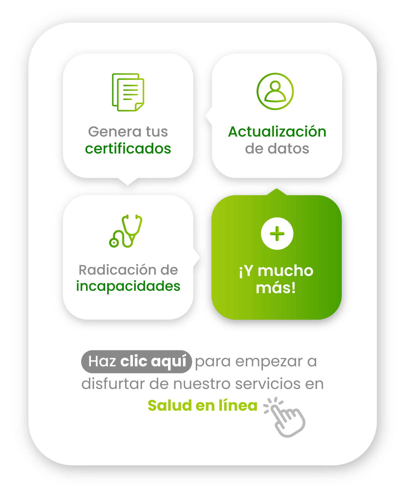 Actualiza tus datos de contacto, descarga tus certificados de afiliación, radica tu solicitud de portabilidad, registra eventos de medicina laboral y mucho más, de manera fácil, rápida y virtual. 
